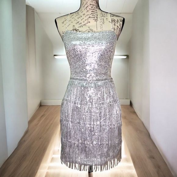 Silver Sequin Lace Up Dress Size M Medium NEW - Picture 3 of 12